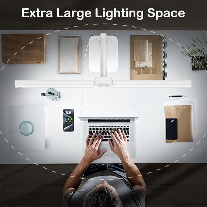 Desk Lamp with USB Charging Port for Home Office 24w Architect Remote Base Dual Task Led Light Modern 5 Color Modes Dimmable Adjustable Gooseneck Double Head Reading Drafting Eye Caring Tall Lamps