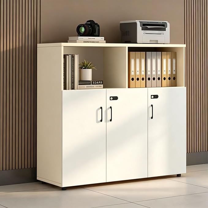 File Cabinet with Password Lock, Wood Lateral Filing Cabinet for Letter/A4 Files, 3 Drawer with Door, Printer Stand with Open Shelves for Home Office