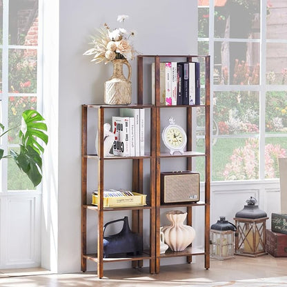YUFAM 4 Tier Tall Wooden Bookshelf with Storage - Small Bookcase for Small Spaces, Shelf for Living Room, Office, Bedroom, Kitchen - Industrial Retro Brown Book Shelf