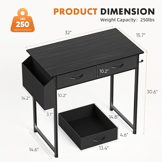 Sweetcrispy 32 Inch Small Computer Desk with Fabric Drawers for Bedroom Home Office, Writing Gaming Desks Study PC Table with Side Bag and Headphone Hook, Black