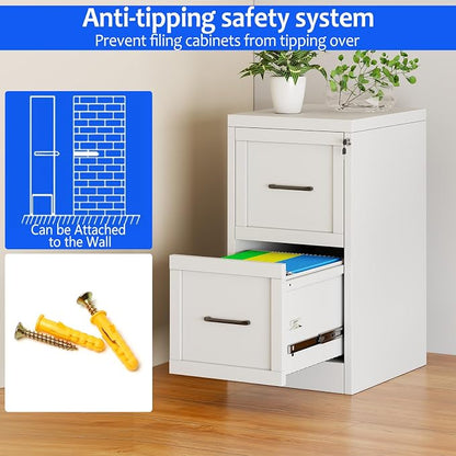 Small Metal 2-Drawer File Cabinet, Under-Desk Filing Cabinet, White | Locking, Adjustable Hanging Rail, Fit A4, FC, Letter, Hanging File Folders for Home Office Storage Organization, 1PS