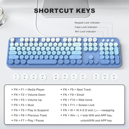 MOWUX Computer Keyboard Wired, Plug and Play USB Retro Round Typewriter Keyboard, Full Size Wired Keyboard with Foldable Stands for Laptop and Office PC- Blue Gradient