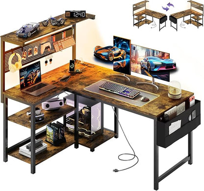 Apicizon L Shaped Desk Gaming Desk with LED Light & Power Outlet, 47 Inch Reversible Computer Desk with Pegboard & Shelf & Storage Bag for Home Office, Rustic Brown