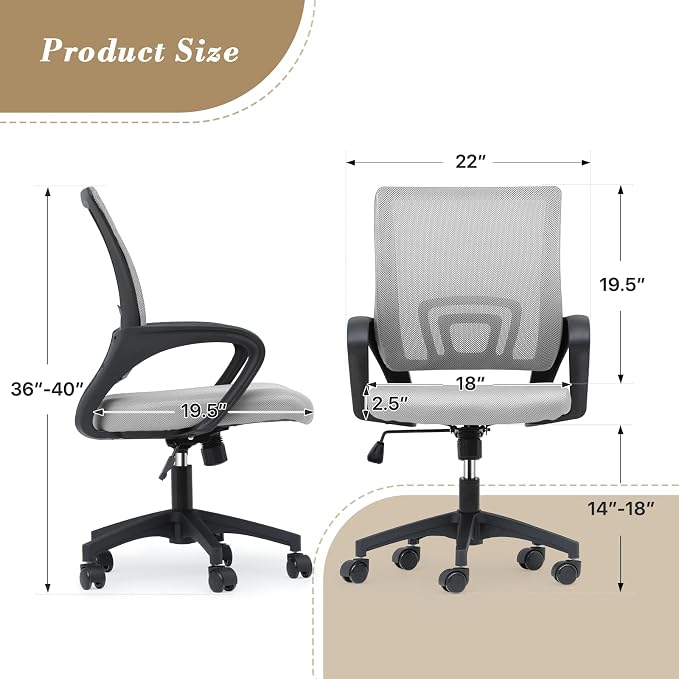 Office Chair Ergonomic - Mesh Desk Chair with Lumbar Support & Wide Seat (300Lbs Capacity) Adjustable Height, Swivel Wheels - for Home Office, Gaming, Bedroom