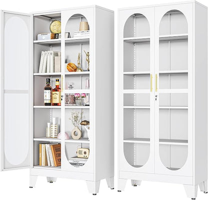 PAOFIN 71" H Locking Display Cabinet with Glass Door, Metal Curio Cabinets with 4 Adjustable Shelves, Tall Liquor Cabinet Display Case for Living Room, Collectibles, Home - Assembly Required White