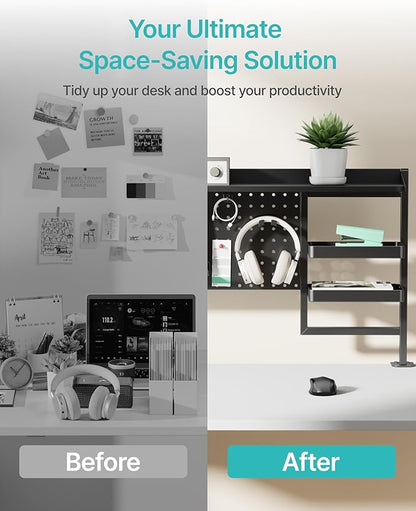 PEGZONE Clamp on Desk Shelf, 44" Desktop Shelving System, Black | with Pegboard and Accessories, Desktop Organizer with 2-Tier Shelf, Desk Pegboard for Office Home Gaming