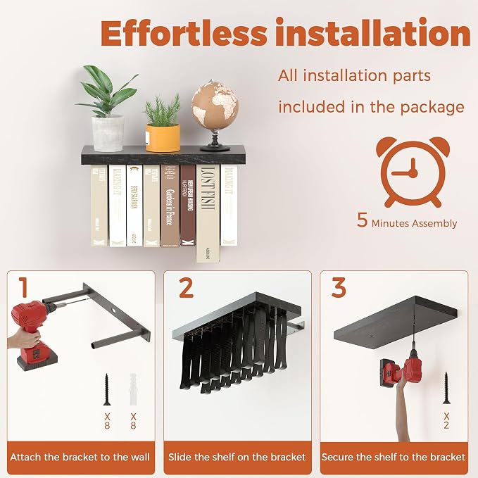 Floating Book Shelves for Wall Set of 2, Unique Wood Hanging Bookshelf | Easy Install Wall Bookshelf with Anti-Tilt Metal Bracket, Floating Bookshelf Storage Display Wall Shelves for Home Decor