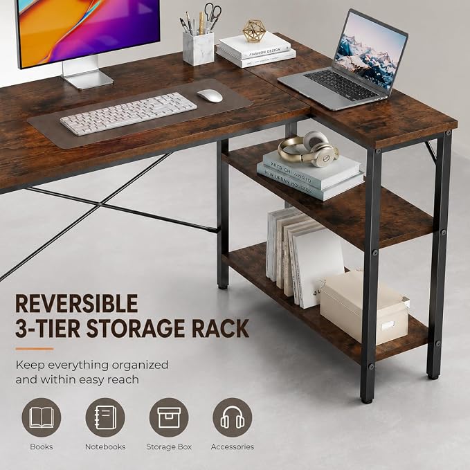 Simple Deluxe L Shaped Gaming Desk, 39 Inch Computer Desk with 2 Shelves, Corner Computer Desk for Gaming, Corner Work, Home Office, Study, Rust