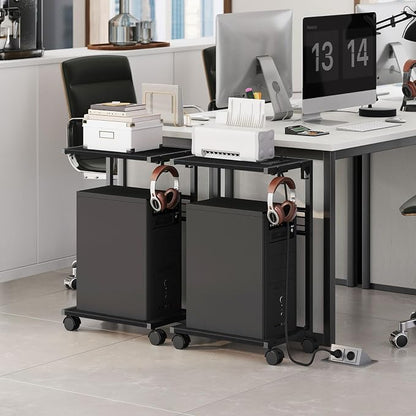 PC Stand, Computer Tower Stand with Charging Station, 16.9" W x 11.4" D x 27.6" H, Computer Cart with Wheels and Hooks, CPU Holder for Carpet, Floor and Under Desk, Easy Assembly, Black