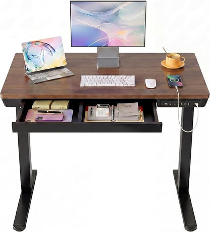 HUANUO 40 X 24 Inch Standing Desk with Drawers, Electric Adjustable Height Desk, Quick Install One-Piece Tabletop with USB Charging Ports, Sit to Stand Up Desk for Home Office, Black Walnut
