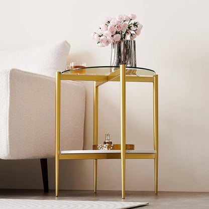 LumFurn Round Glass End Table, Mid-Century Modern Design Sofa Table for Living Room, D18 x H23 in, 2-Tier Structure, Clear Glass Top and White Marble Shelf, Sleek Conical Legs with Gold Finish Frame