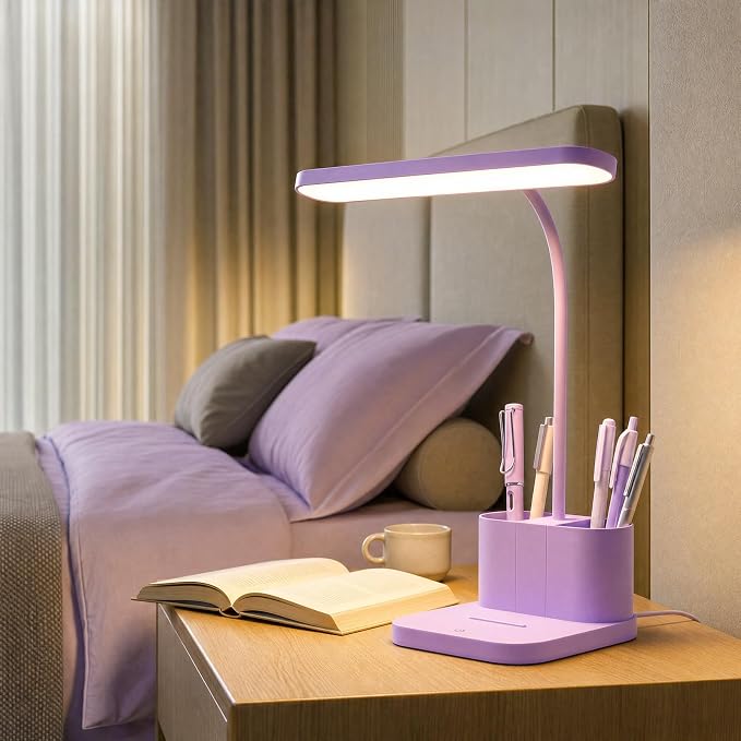 AXX Purple Desk Lamp for Home Office, Cute LED Table Light for Bedroom, College Dorm Room Kawaii Accessories for Kids Teen Girls