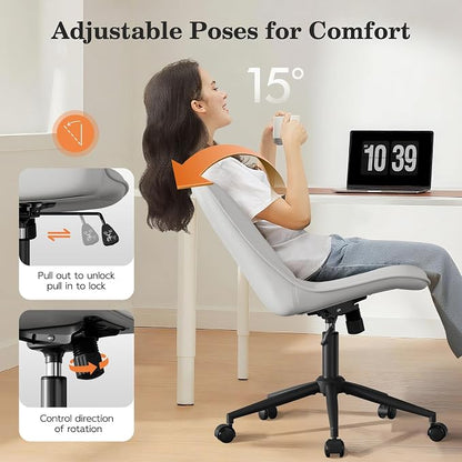 Armless Office Chair, Swivel Rolling Leather Desk Chair, White | Waterproof Upholstery, Padded Seat, 15° Relaxing Tilt, 330 LBS Capacity, for Bedroom Vanity and Computer Work