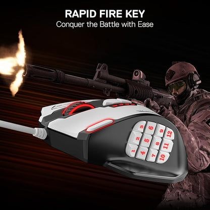 Redragon M908 Impact RGB MMO Gaming Mouse, Optical Wired Ergonomic Mouse with Max 24,000 DPI, High Precision, 18 Programmable Macro Shortcuts, Comfort Grip, Black & White