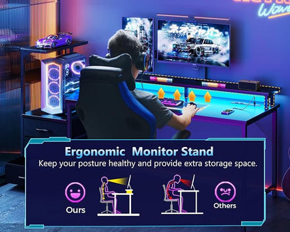 AODK 52 Inch Gaming Desk with USB Charging Ports & LED Light- Reversible Computer Desk with Storage Shelves & Monitor Stand, Modern Gamer Desk Table with Fabric Drawers, Black