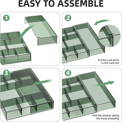 Marbrasse Expandable Desk Drawer Organizer, Clear Plastic Drawer Organizer Tray with 10 Adjustable Compartments, Desk Organizers and Accessories, 5 Drawer Dividers for Office Supplies(Clear Green)