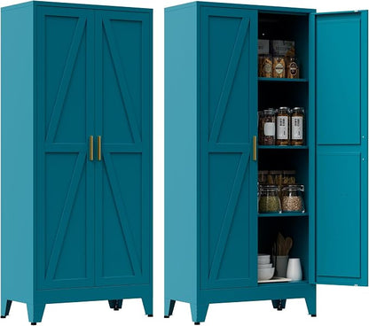 Metal Pantry Cabinet, 61" Tall Kitchen Storage Cabinet with 2 Doors and 3 Adjustable Shelves for Kitchen, Living Room, Dining Room, Bathroom and Home, Office (Blue, 1PC)
