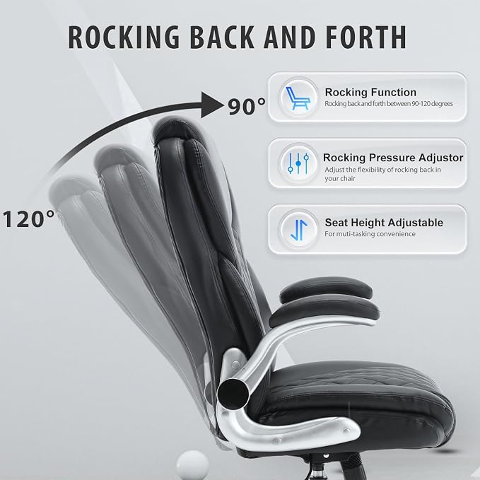 Big and Tall Office Chair 400lbs, High Back Ergonomic Desk Chair with Lumbar Support, Heavy Duty PU Leather Executive Computer Chair with Flip-up Arms, Rocking Swivel Task Chair for Home Office Black