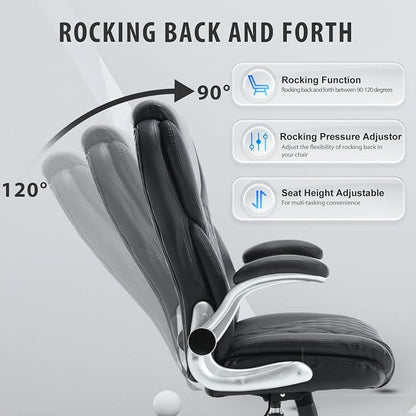 Big and Tall Office Chair 400lbs, High Back Ergonomic Desk Chair with Lumbar Support, Heavy Duty PU Leather Executive Computer Chair with Flip-up Arms, Rocking Swivel Task Chair for Home Office Black