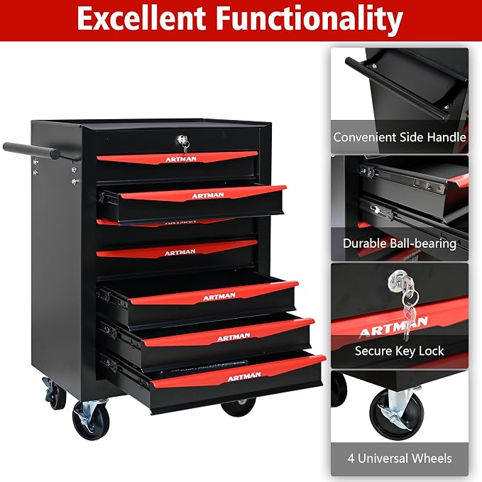RYH 7 Drawers Rolling Tool Chest - Heavy Duty Mobile Tool Cart with Locking Wheels & Ball Bearing Drawers,30.5" H x 20.9" W x 13" D Garage Tool Storage Cabinet (Black, 7 Drawers)