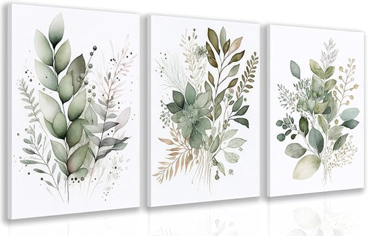 LLEEMPI Framed Sage Green Wall Art Set of 3, Modern Watercolor Botanical Wall Decor, Eucalyptus Leaf Canvas Painting, Classic Minimalist Florals Poster Print for Bedroom Bathroom Office 12x16 Inch