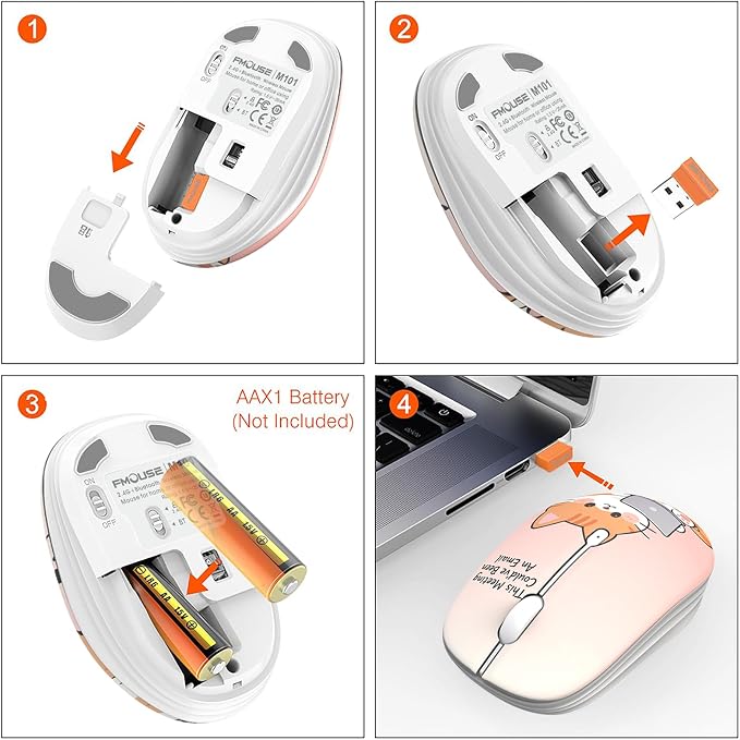 FMOUSE Cute Wireless Mouse, Bluetooth 2.4GHz Dual Mode with USB Receiver, Silent Click, AA Battery Powered, for Office Women Work Desk, Compatible with Laptop Mac iPad PC (Workaholic Cat)