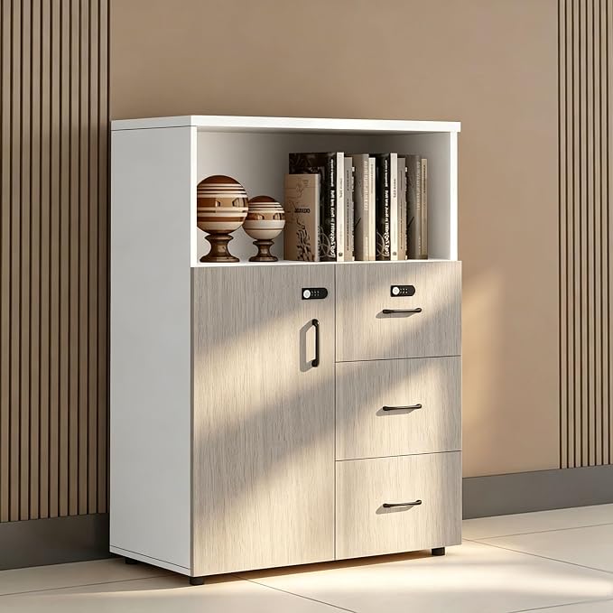 File Cabinet with Password Lock, Wood Lateral Filing Cabinet for Letter/A4 Files, 3 Drawer with Door, Printer Stand with Open Shelves for Home Office