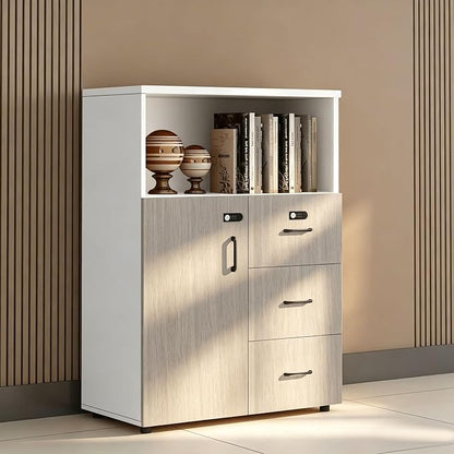 File Cabinet with Password Lock, Wood Lateral Filing Cabinet for Letter/A4 Files, 3 Drawer with Door, Printer Stand with Open Shelves for Home Office