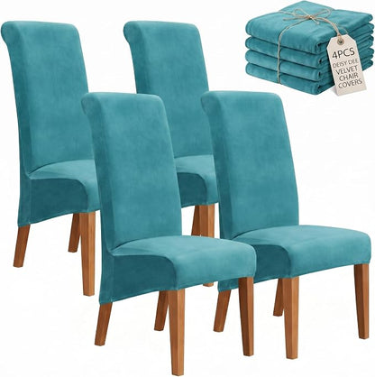 Deisy Dee Stretch XL/Oversized Extra Large Velvet Dining Room Chair Covers for Kitchen Dining，Removable Washable Chair Protectors Slipcovers (Turqouise, 4)