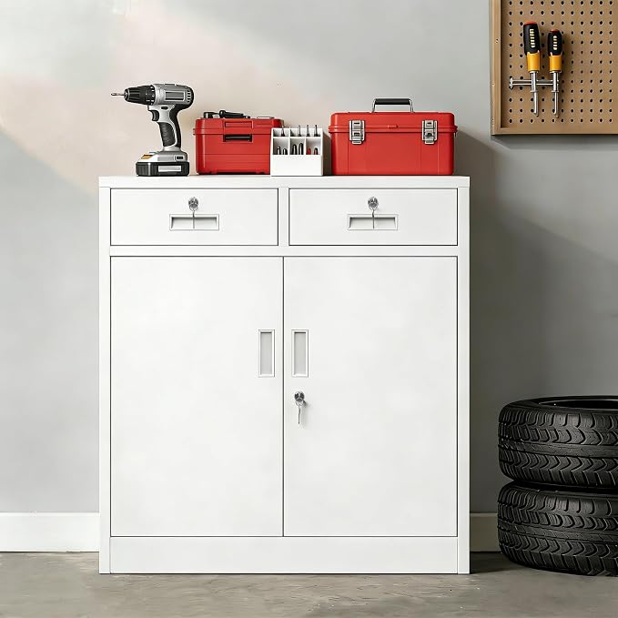 CMY Metal Storage Cabinet with 2 Drawers, 36" H Metal Cabinets with Adjustable Shelf, Locking Storage Cabinet for Office, Garage, Home-White