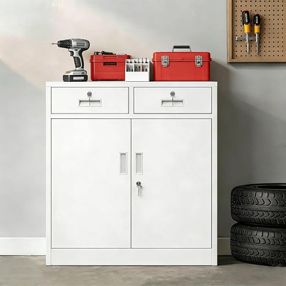 CMY Metal Storage Cabinet with 2 Drawers, 36" H Metal Cabinets with Adjustable Shelf, Locking Storage Cabinet for Office, Garage, Home-White