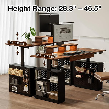 63x24 Electric Standing Desk with Drawer & Power Outlet, Ergonomic Sit Stand Desk with LED Lights, 2 Pegboards Storage, Monitor Stand, Height Adjustable 28.3"-47.2" for Home & Office, Walnut