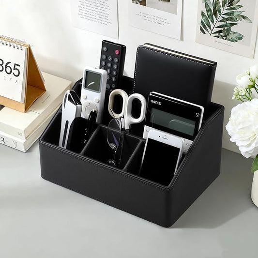 Desk Organizer Caddy with 5 Compartments for Office Art Supplies, PU Leather Nightstand Organizer Pencil Pen Desk Caddy for Home, Desktop TV Remote Control Holder Storage (Black)