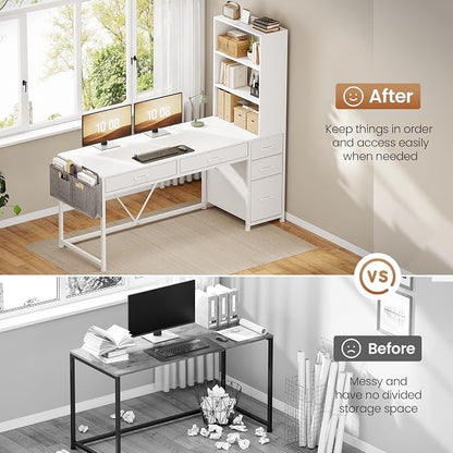 SEDETA Computer Desk with 5 Drawers and Bookshelf, Reversible Home Office Desk with Storage Shelves and File Drawer, Gaming Desk with LED Lights for Small Spaces, White