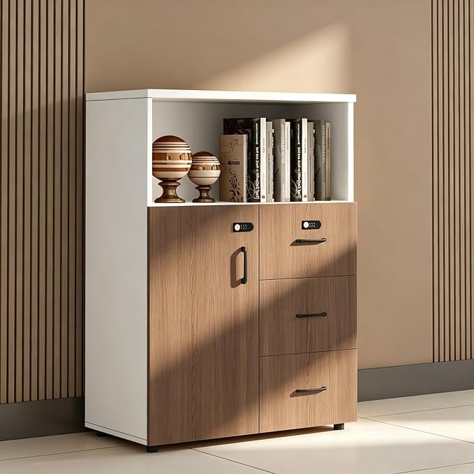 File Cabinet with Password Lock, Wood Lateral Filing Cabinet for Letter/A4 Files, 3 Drawer with Door, Printer Stand with Open Shelves for Home Office
