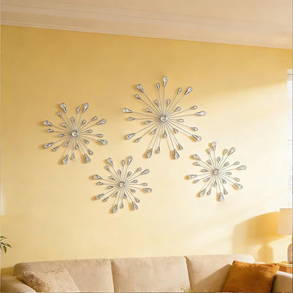 ZEXUIRU 4 Set Silver Starburst Wall Art for Home Decor Metal Bling Crystal Rhinestones Sunburst Wall Decor Sparkling Rhinestone Art Accent -Silver 13in/11.8in/9.8in/9.8in