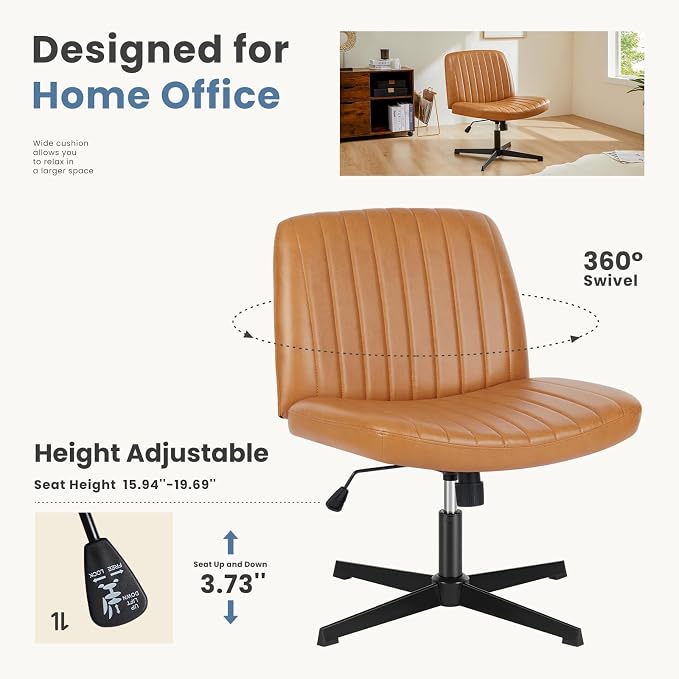 DUMOS Criss Cross Chair No Wheels, Wide Seat Cross Legged Office Desk Vanity Chair, Faux Leather Armless Height Adjustable Swivel Task Computer Chairs for Home, Study, Brown PU