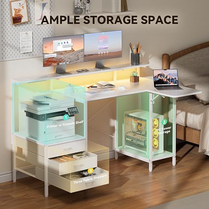 HLDIRECT 55 Inch Computer Desk for Home Office, Gaming Computer Desk with Printer Shelf, Storage Drawers, Power Outlets, Monitor Stand & LED Strip, Foldable L Shaped Gaming Table (White)