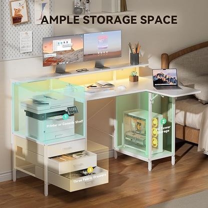HLDIRECT 55 Inch Computer Desk for Home Office, Gaming Computer Desk with Printer Shelf, Storage Drawers, Power Outlets, Monitor Stand & LED Strip, Foldable L Shaped Gaming Table (White)