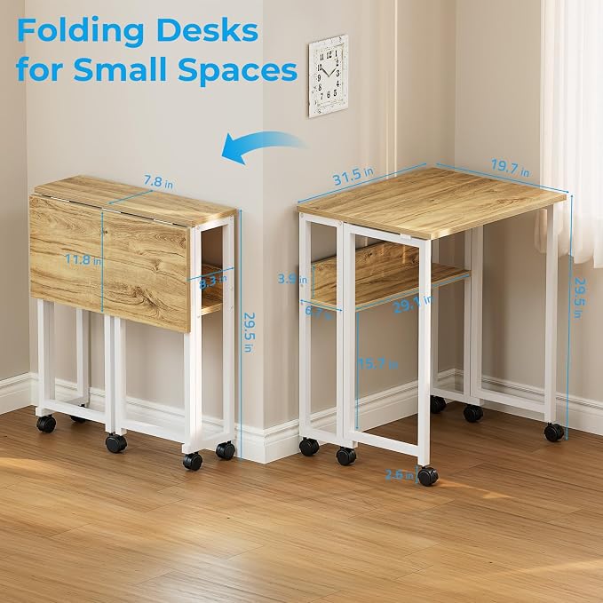 GreenForest Folding Desk with Wheels, 31.5 Inch Compact Rolling Computer Table with Storage Shelf, Portable Mobile Workstation for Small Spaces, Easy Assembly, Oak