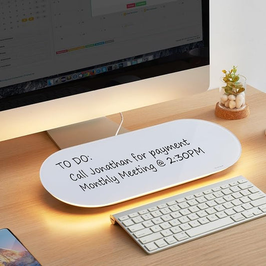 TSJ OFFICE Glass Desktop Whiteboard - 17 X 7 Inches Small Dry Erase Board with Warm White Light, Glass White Board Surface Notepad with 1 Drawer, Desk Organizers for Office, Home, School Supplies