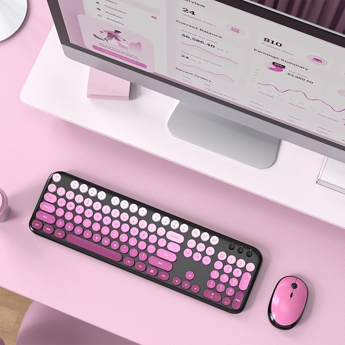Atelus Wireless Keyboard and Mouse Combo, Typewriter Full Size Keyboard with Number Pad and 2 in 1 USB Connected Mouse for PC Computer Laptop Desktop Windows 7 8 10 11 (Black Pink)