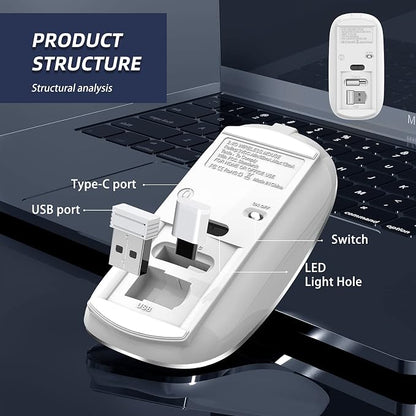 Halpilt Wireless Mouse Chargeable Portable Silent USB-A and Type-C Dual Mode 3 Adjustable DPI for Laptop, PC (Q23S White)