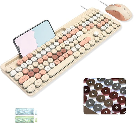 X9 Wired Keyboard and Mouse Combo with Phone/Tablet Holder - Full-Sized 109 Keys Pastel Keyboard and Adjustable DPI, Backlit Keyboard and Mouse for PC, Windows, MAC, Desktop, Laptop - Brown