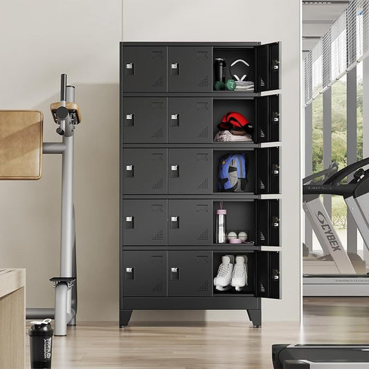 Metal Lockers for Employees-15 Doors Storage Locker with Shelves and Lockable Steel Cabinet for School,Gym,Office,Staff,Assembly Required,Black