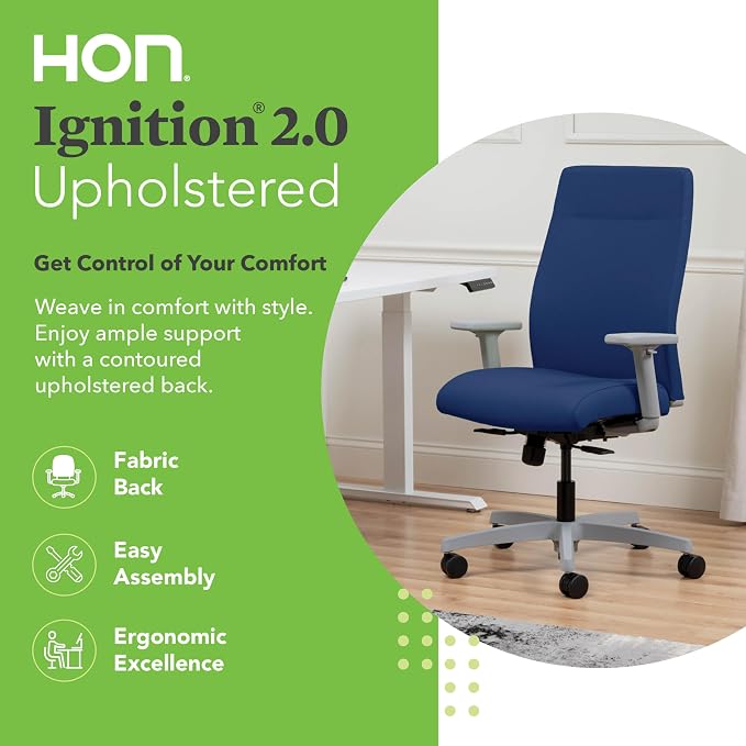 HON Ignition 2.0 Ergonomic Office Chair with Adjustable Arms, Standard Synchro‑Tilt Recline, Upholstered Desk and Computer Chair for Home Office or Workstation, Titanium Frame, Indigo