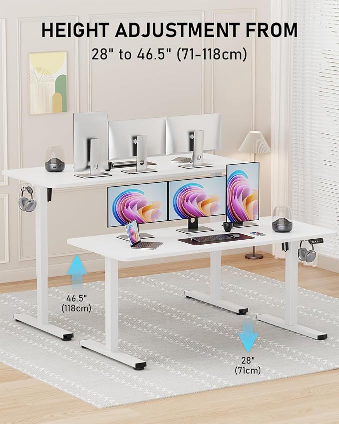 55" Electric Standing Desk Adjustable Height, Sit Stand up Desk for Home Office & Computer Workstation, 2 Memory Height Settings, Splice Board, 2 Hooks, White Frame/White Top