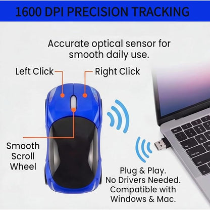 Blue Wireless Car Mouse, 2.4G with USB Receiver, 1600DPI Optical, Ergonomic Mini Computer Mouse, for Laptop, PC, Tablet, Windows, Mac OS