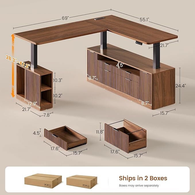 SEDETA L Shaped Electric Standing Desk, 69" x 55" Height Adjustable Office Executive Desk with 4 Drawers and Storage Shelves, Fluted Sit Stand Computer Desk with Power Outlet, Brown
