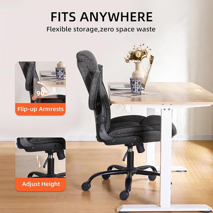 Home Office Ergonomic Desk Chair - Comfy Fabric Executive Chair with Flip-Up Armrests, Height Adjustable Computer Chair for Gaming, 360° Swivel & Rocking (Grey)